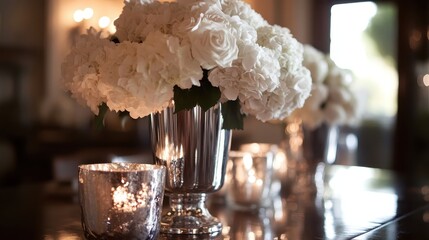 Elegant white floral centerpiece with silver accents and glowing candles at a festive event
