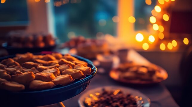 Close-up of baked pies and desserts on a table, with warm bokeh lights creating a festive atmosphere for a holiday party
