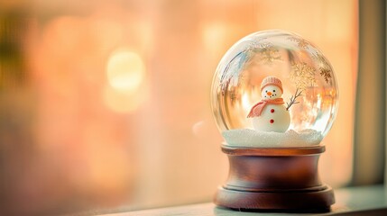 Festive Christmas Snow Globe Featuring a Tiny Snowman with Warm Tones and Soft Lighting
