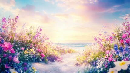 Fototapeta premium Coastal path adorned with vibrant wildflowers leading to a serene ocean under a pastel sky