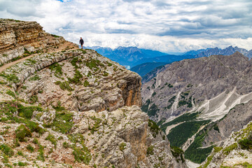 Fototapeta premium Mountain landscape with Tre Cime di Lavaredo view. Dolomites mountains. Italy