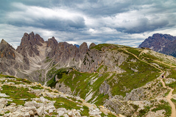 Mountain landscape with Tre Cime di Lavaredo view. Dolomites mountains. Italy