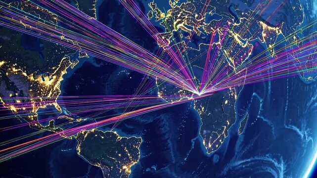 radiant connection lines converge over nighttime earth with multicolor paths radiating from central hub across continents, intense data and flight traffic visualization, latency and routing animation,