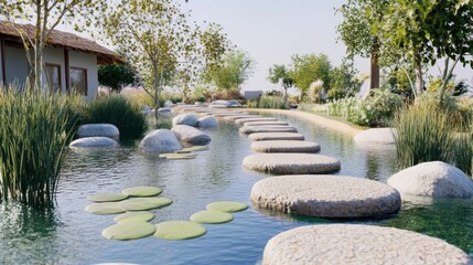Stepping Stones Path Across Serene Water Garden