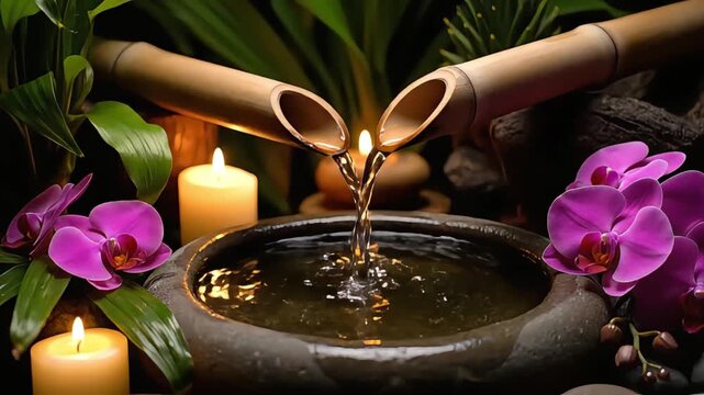 Serene spa scene with bamboo water movement creating a relaxing ambiance surrounded by candles flowers and lush greenery