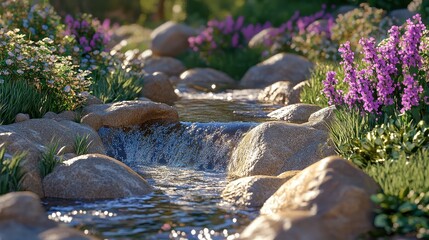 Gentle Mountain Stream Flowing Over Rocks Through Lush Valleys with Soft Light and Reflections