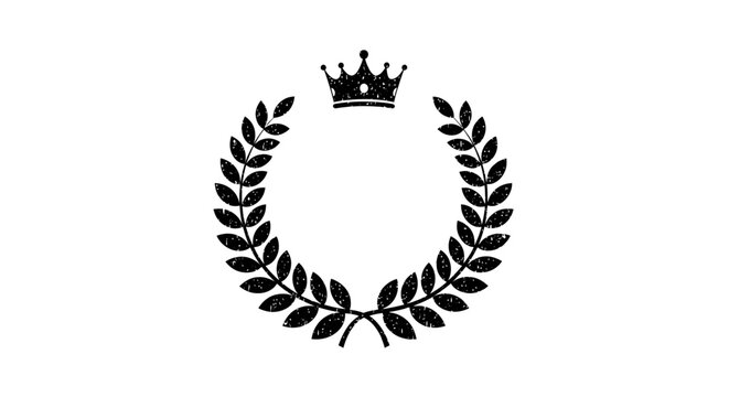 Textured Black Laurel Wreath with Crown, Classic Honor and Victory Symbol on Isolated White Background