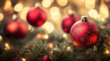 Obraz premium Festive red Christmas ornaments with sparkling lights and evergreen branches create a warm holiday atmosphere