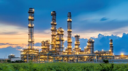 Obraz premium Industrial factory smokestacks at dusk with dramatic lighting effect against a blue cloudy sky and green foreground