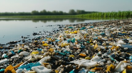 Microplastic Fragments Polluting Soil and Water Near an Agricultural Field with Abstract Patterns