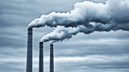 Industrial Smokestacks Releasing Dark Clouds of Pollution into a Muted Sky