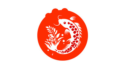 Obraz premium Stylized white koi fish swimming within a vibrant red circle, with aquatic plants and bubbles