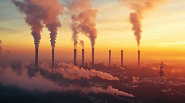 Industrial chimneys releasing thick smoke into the hazy sky at sunset