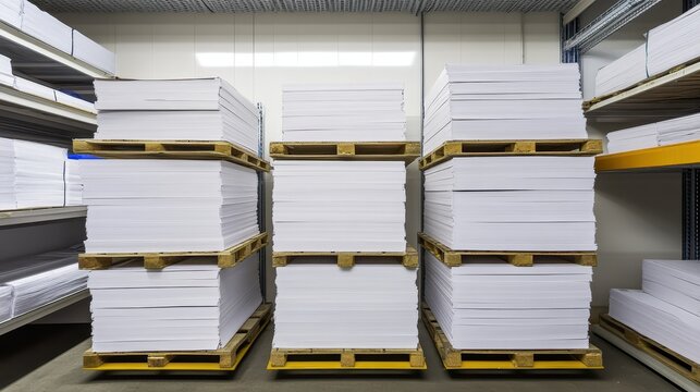 Neatly stacked reams of white printing paper on wooden pallets in a clean industrial warehouse setting
