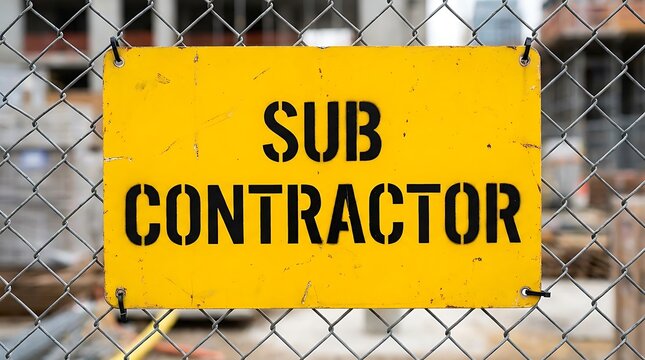 Yellow Subcontractor Sign Attached to Chain Link Fence at Construction Site.