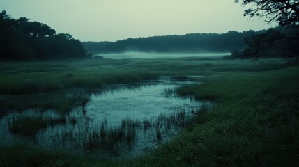Misty river landscape creating a dreamlike vista with soft focus and muted light