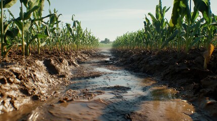 Fototapeta premium Muddy agricultural field with chemical runoff flowing between rows of growing corn under a clear sky