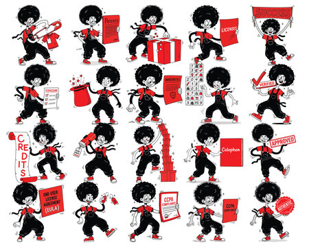 Energetic cartoon character with afro in black overalls and red shirt, celebrating success, verifying licenses, and managing warranties, patents, and credits.