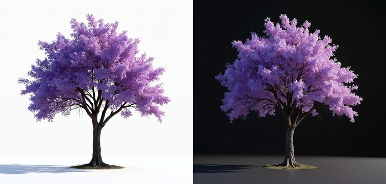Purple jacaranda tree with dense blossoms in front view. Isolated on white and black backgrounds, good for botany, nature, or springtime themes. Useful for design.