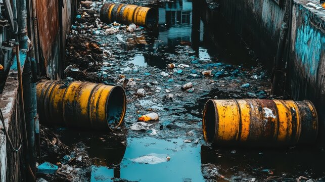 Industrial waste barrels leaking toxic substances into a polluted canal within a derelict urban environment