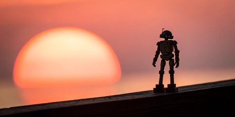 Fototapeta premium Robot figurine stands on a ledge while watching the sunset over the horizon, reflecting on the beauty of nature in a tranquil moment