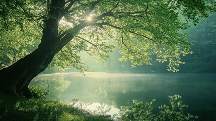 Serene lake at dawn bathed in soft sunlight filtering through lush green trees, reflecting calm atmosphere