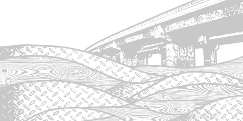 Obraz premium Industrial abstract background with textured metal waves and elevated highway structure, monochrome vector art