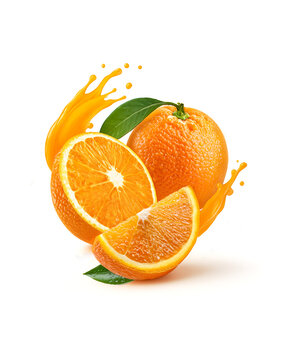Fresh orange and cut in half with orange splash isolate on white background. Clipping path.