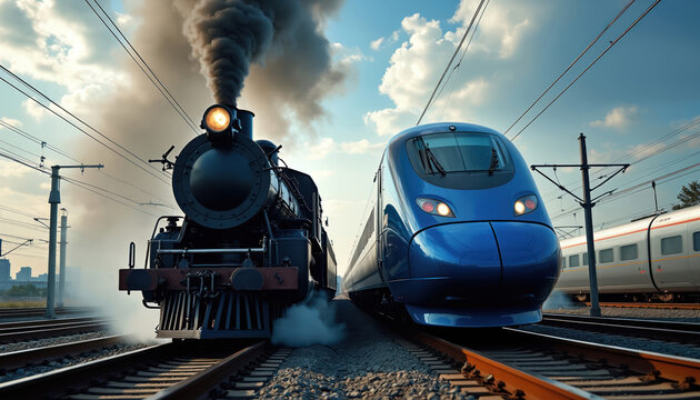 Old steam train and new blue bullet train on parallel tracks. Contrasting transport eras, progress, speed, and power. Future of rail travel versus past, historical comparison.