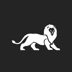 Fototapeta premium White Lion Logo Standing Silhouette, Majestic Prowling Feline Graphic Icon on Black Background