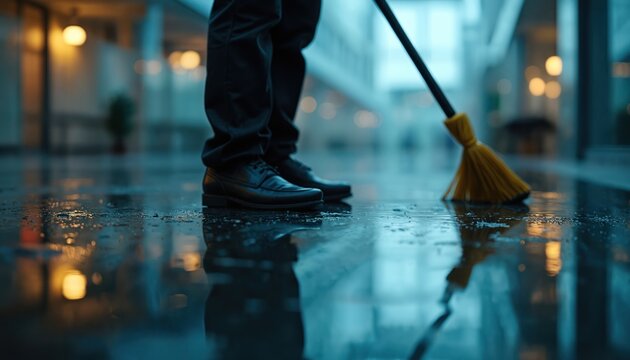 Person swepic wet floor with broom. Shiny dark tiles reflect lights. A cleaner maintains the building surface after rain or spills. Work continues in dim illumination.