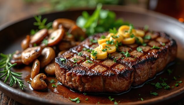 Juicy grilled ribeye steak with sauteed mushrooms and herbs. Served on rustic wooden plate. Hot, savory dish ready for dinner. Rich meat meal.