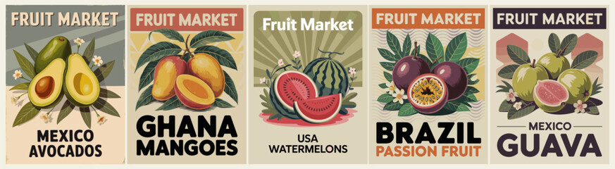 Set of five vintage-style fruit market posters featuring avocados, mangoes, watermelons, passion fruit, and guavas with illustrative, colorful designs and earthy backgrounds.