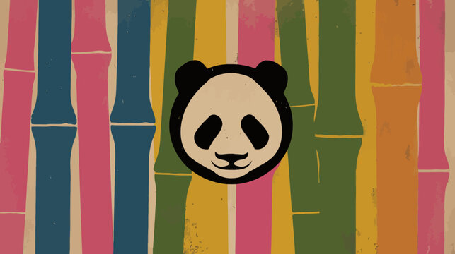 Colorful bamboo background with a panda face illustration in the center. Abstract and playful image