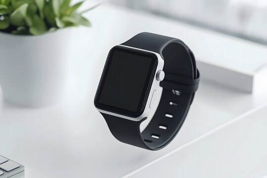 A smartwatch mockup floating above a desk blank display