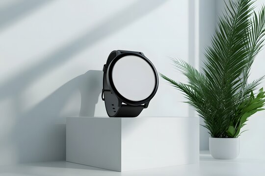 A smartwatch mockup leaning on a box blank round screen