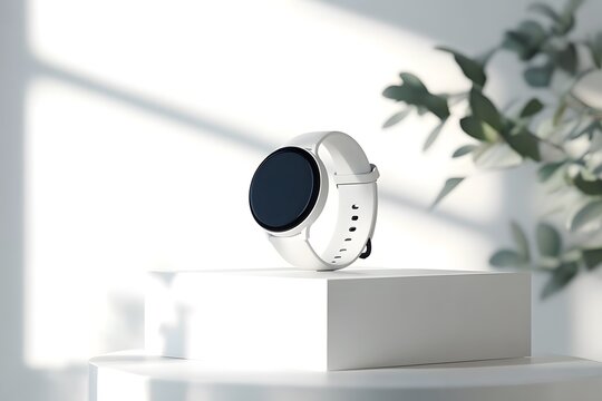 A smartwatch mockup leaning on a box blank round screen