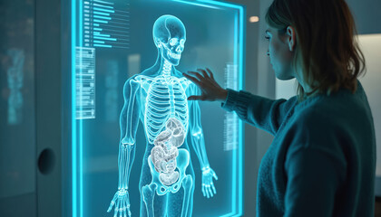 Woman interacts with glowing blue holographic human skeleton and organ model. She studies anatomy on a futuristic digital screen displaying medical data.
