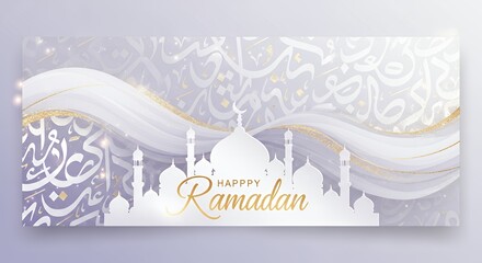 Elegant Happy Ramadan greeting banner with mosque silhouette golden glitter waves and subtle Arabic calligraphy on a purple background for Islamic holy month celebration