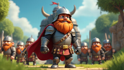 Obraz premium Cartoon dwarves stand in armor with swords. A leader with red beard and cape marches with his army. Fantasy warriors walk on grass path towards castle. Ready for battle.