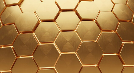 Obraz premium Golden hexagonal tiles arranged in a geometric pattern with bright lines in between, representing connection and modern design for technology concepts