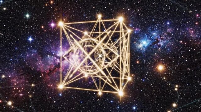Geometric structure of Metatron's Cube glowing in a cosmic landscape of stars and galaxies