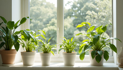 Fototapeta premium A serene indoor garden with potted plants on a sunny windowsill