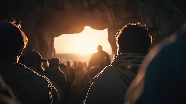 Resurrection of Jesus Christ Walking Out of the Cave Tomb with Bright Light While People Witness the Miracle