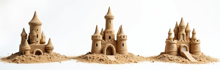 Three sandcastles are built on a white background. Intricate details show towers, walls, and archways. These structures represent summer fun and childhood memories.