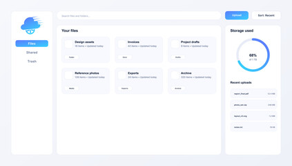 Cloud Storage File Manager Dashboard UI with Upload and Usage. Clean cloud storage dashboard UI with folder cards, search bar, upload button, storage usage ring. Vector UI, UX, Web, dashboard
