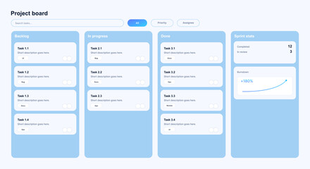 Project Board Kanban Dashboard UI with Sprint Stats. Light project management kanban board UI with backlog, in progress, done columns, task cards, filters, search bar. Vector UI dashboard template © 24 std