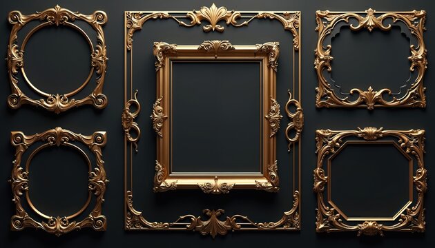 Collection of ornate gold frames in various shapes including circular square, octagonal. Decorative borders feature elaborate scrollwork, floral motifs against dark background ideal for vintage game
