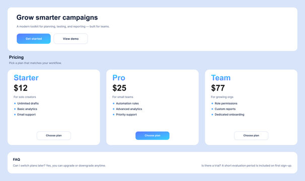 Marketing Campaign Tool Pricing Page UI with Plan Cards. Light SaaS landing page UI for campaign planning and reporting, with hero CTA buttons, three pricing tiers. Tariffs UI template Webpage. Vector