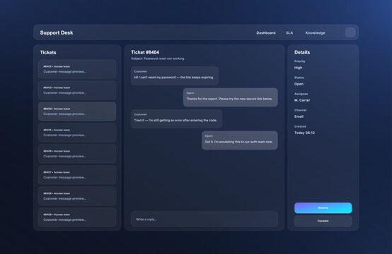 Support Desk Ticket Dashboard UI with Chat and Ticket Details.Dark support desk dashboard UI with ticket list, chat thread, priority details, assignee, status. Glassmorphism interface. Vector App